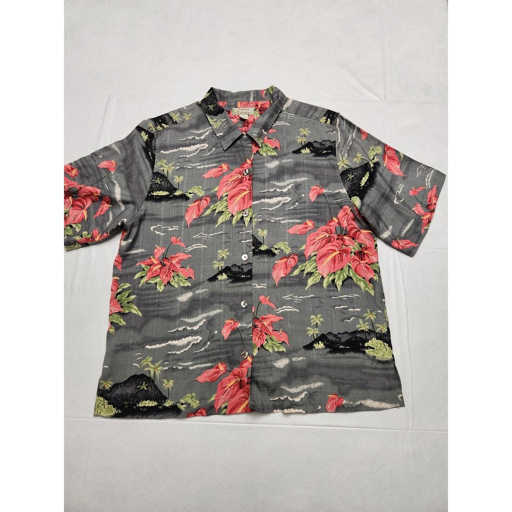Tommy Bahama Shirt Womens Medium Gray Silk Hawaiian Camp Floral Short Sleeve